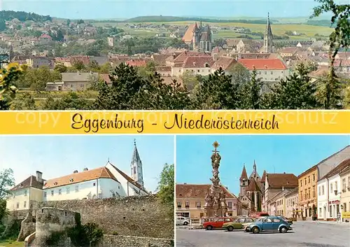AK / Ansichtskarte Eggenburg_Niederoesterreich Panorama Stadtmauer Hauptplatz mit Stephanskirche und Dreifaltigkeitssaeule Eggenburg