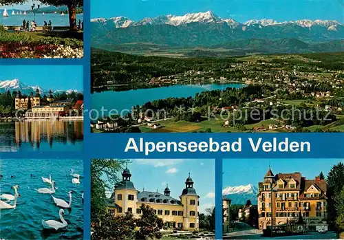AK / Ansichtskarte Velden_Woerthersee Strandpromenade Mittagskogel Schloss Velden Blick von der Kanzel zur Karawankenkette Hauptplatz Velden Woerthersee