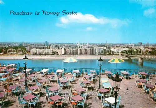 AK / Ansichtskarte Novog_Sada Restaurant Terrasse Stadtpanorama Blick ueber die Donau Novog_Sada