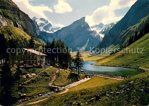 AK / Ansichtskarte Wasserauen Berggasthaus Seealpsee mit Altmann und Saentis Appenzeller Alpen Wasserauen