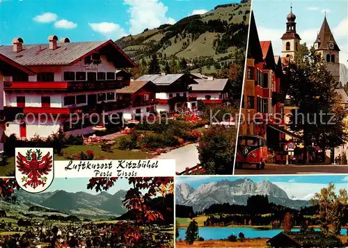AK / Ansichtskarte Kitzbuehel_Tirol Strassenbild mit Haus Toni Sailer Vorderstadt mit Stadtpfarrkirche Panorama Schwarzsee mit Wildem Kaiser Kitzbuehel Tirol