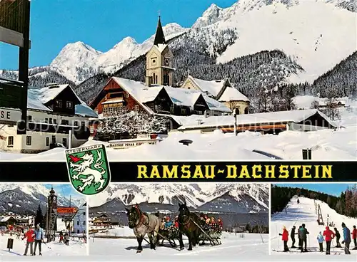 AK / Ansichtskarte Ramsau_Dachstein_Steiermark Kirche mit Dachstein Skipisten Pferdeschlitten Ramsau_Dachstein