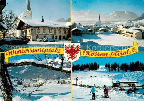 AK / Ansichtskarte Koessen_Tirol Strassenmotiv mit Gasthaus Erzherzog Rainer Zahmer und Wilder Kaiser Kampenwand Moserberg Lift Koessen Tirol