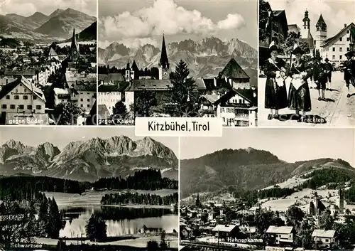 AK / Ansichtskarte Kitzbuehel_Tirol Panorama Kaisergebirge Trachten Schwarzsee Hahnenkamm Kitzbuehel Tirol