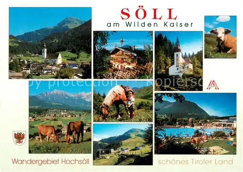 AK / Ansichtskarte Soell_Tirol Panorama Kirche Rinder Pferde Schwimmbad Soell_Tirol