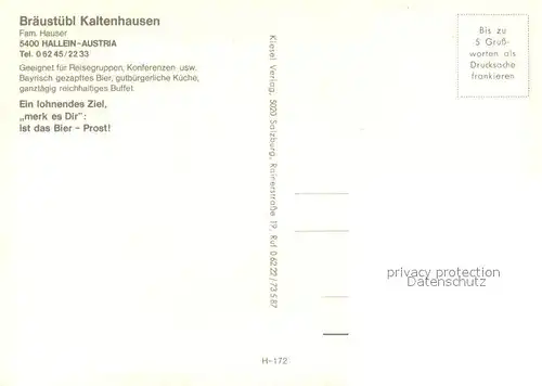 AK / Ansichtskarte Hallein Braeustuebl Kaltenhausen Gastraum Hallein