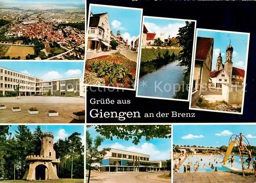 AK / Ansichtskarte Giengen_Brenz Fliegeraufnahme Teilansichten Kirche Freibad Turm Partie am Fluss Giengen Brenz