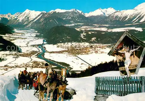 AK / Ansichtskarte Tirol_Region Blick ins Oberinntal und Mieminger Plateau Pferdeschlittenfahrt Wegkreuz Tirol Region