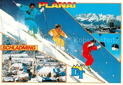AK / Ansichtskarte Schladming_Obersteiermark Planai FIS Rennstrecke Schladminger Huette und Seilbahnbergstation mit Hohem Dachstein Schladming_Obersteiermark