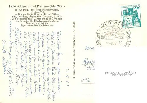 AK / Ansichtskarte Wertach Hotel Alpengasthof Pfeiffermuehle Wertach