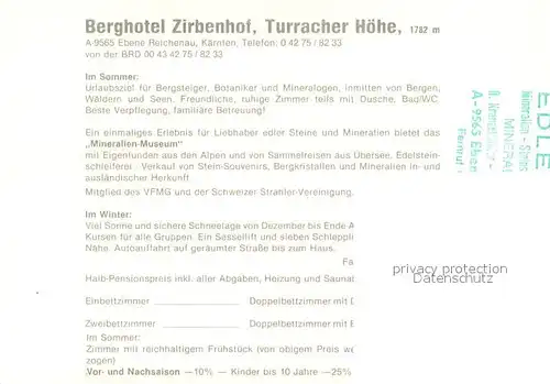 AK / Ansichtskarte Turracher_Hoehe Berghotel Zirbenhof Mineralienmuseum Details Turracher Hoehe