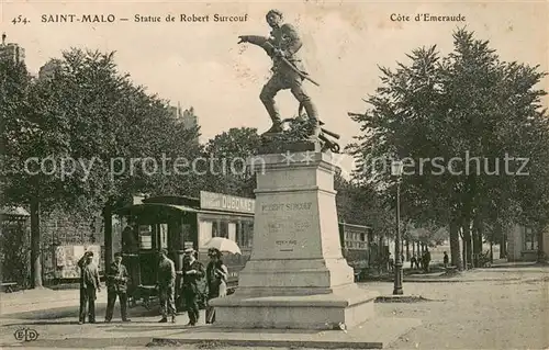 AK / Ansichtskarte Saint Malo_Ille et Vilaine_Bretagne Statue de Robert Surcouf Monument Tram Saint Malo_Ille et Vilaine