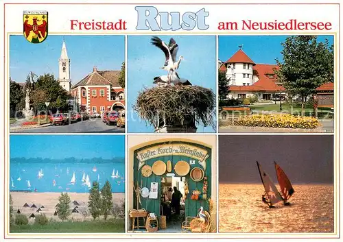 AK / Ansichtskarte Rust_Burgenland Kirche Storchennest Park Neusiedlersee Korb und Weinstube Windsurfer Rust_Burgenland