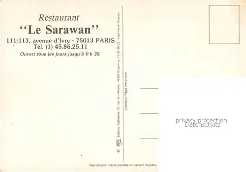 AK / Ansichtskarte Paris Restaurant Le Sarawan Kuenstlerkarte Paris