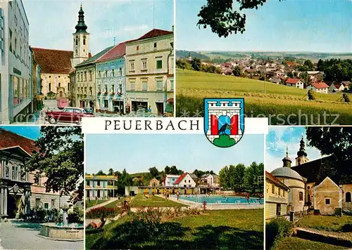 AK / Ansichtskarte Peuerbach Pfarrkirche ehem Schloss Brunnen Pool Panorama Peuerbach