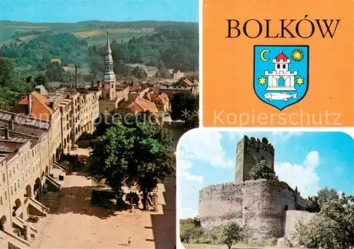 AK / Ansichtskarte Bolkow Marktplatz Rathaus Arkadenhaeuser Burgruine Wappen Bolkow