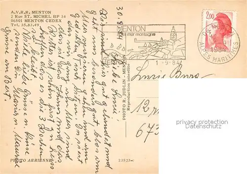 AK / Ansichtskarte Menton_Alpes_Maritimes Vue aerienne Menton_Alpes_Maritimes