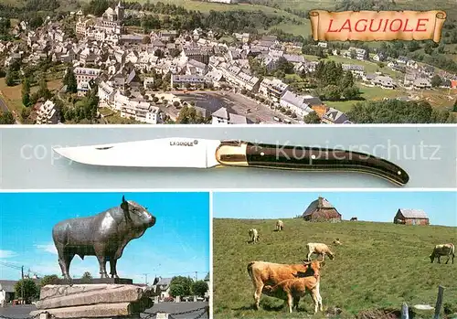 AK / Ansichtskarte Laguiole Vue aerienne Taureau en bronze Vaches de race Aubrac Paturage Couteau Laguiole