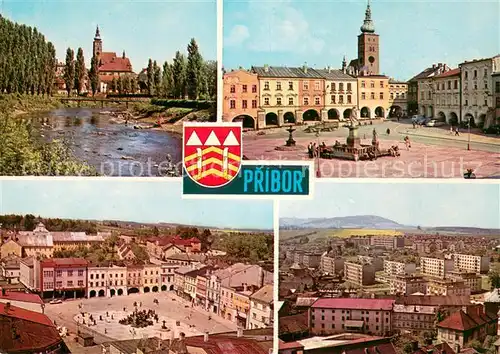 AK / Ansichtskarte Pribor_Freiberg_Maehren Kirche Rathaus Platz Panorama Pribor_Freiberg_Maehren