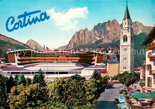 AK / Ansichtskarte Cortina_d_Ampezzo Olympisches Eisstadion Kirche Alpen Cortina_d_Ampezzo