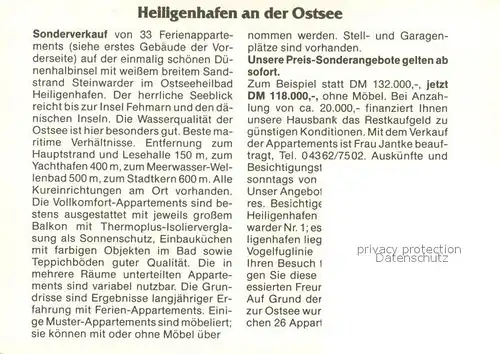 AK / Ansichtskarte Heiligenhafen_Ostseebad Ferienappartements Verkaufsangebot Fliegeraufnahme Heiligenhafen_Ostseebad