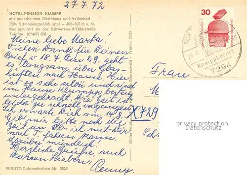 AK / Ansichtskarte Schoenmuenzach Hotel Pension Klumpp Hallenbad Murgtal Schwarzwald Schoenmuenzach