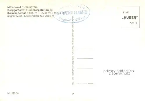 AK / Ansichtskarte Mittenwald_Bayern Berggaststaette und Bergstation Karwendelbahn Gebirgspanorama Huber Karte Nr 8754 Mittenwald Bayern