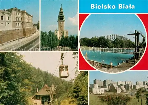 AK / Ansichtskarte Bielsko Biala Zamek obecnie muzeum Kosciol Sw Mikolaja Kapielisko miejskie Dolna stacja kolejki lin owej na Szyndzielnie Osiedle mieszkaniowe Zlote Lany Bielsko Biala