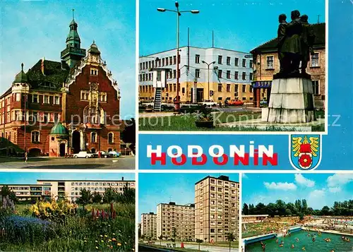AK / Ansichtskarte Hodonin Teilansichten Gebaeude Denkmal Hochhaus Freibad Hodonin