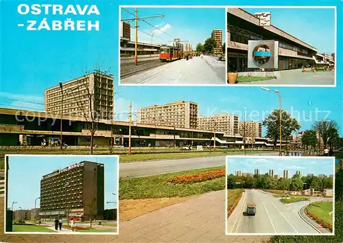 AK / Ansichtskarte Ostrava_Zabreh Bahnhof Einkaufszentrum Wohnsiedlung Hochhaeuser Hauptstrasse 