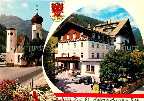 AK / Ansichtskarte St_Anton_Arlberg Hotel Post Kirche Wappen St_Anton_Arlberg