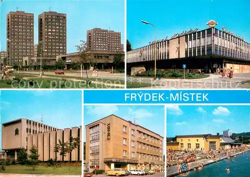 AK / Ansichtskarte Frydek Mistek Hochhaeuser Restaurant Hotel Freibad Frydek Mistek