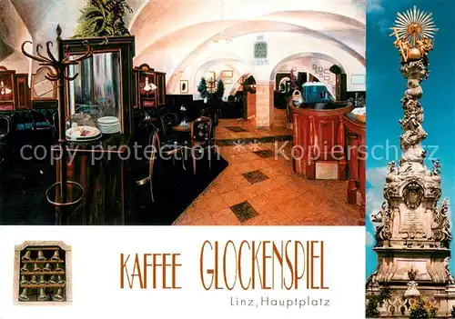 AK / Ansichtskarte Linz_Donau Kaffee Glockenspiel am Hauptplatz Dreifaltigkeitssaeule Linz_Donau