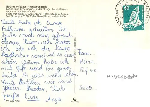 AK / Ansichtskarte Kaiserslautern Naturfreundehaus Finsterbrunnertal Campingplatz Felshinweis Kaiserslautern