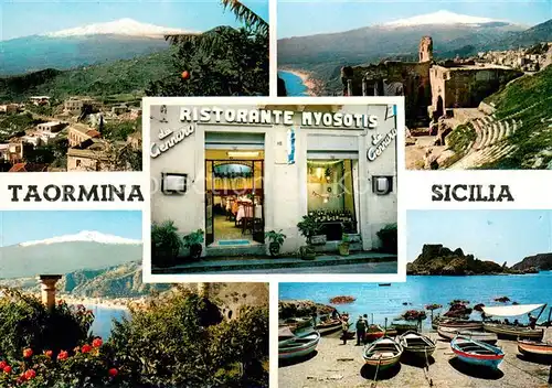 AK / Ansichtskarte Taormina_Sizilien Ristorante Myosotis Castello Panorama Spiaggia Taormina Sizilien