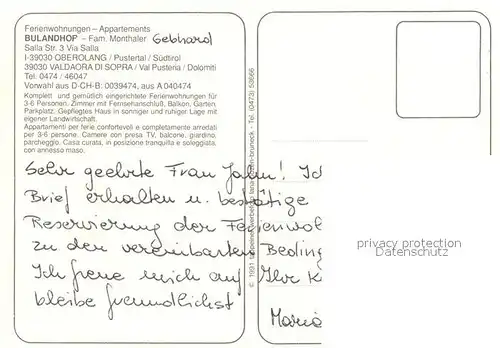 AK / Ansichtskarte Oberolang_Pustertal Bulandhof Ferienwohnungen Appartements oberolang_Pustertal