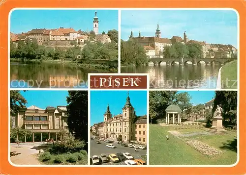 AK / Ansichtskarte Pisek_Tschechien Stadtbild mit Wottawa BBruecke Theater Rathaus Park Denkmal Pisek Tschechien