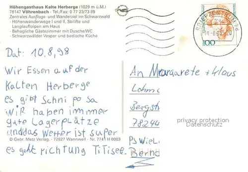 AK / Ansichtskarte Voehrenbach Hoehengasthaus Kalte Herberge Gaststube Voehrenbach