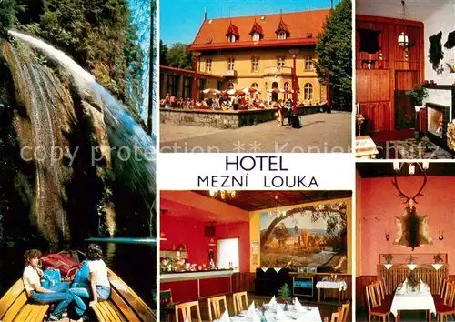 AK / Ansichtskarte Hrensko Hotel Mezni Louka Restaurant Wasserfall Hrensko