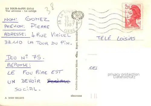 AK / Ansichtskarte La_Tour du Pin College vue aerienne La_Tour du Pin