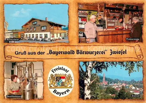 AK / Ansichtskarte Zwiesel_Bad_Gottleuba Berggiesshuebel Bayerwald Baerwurzerei Probierstube Destillierblase Ortsansicht Zwiesel_Bad