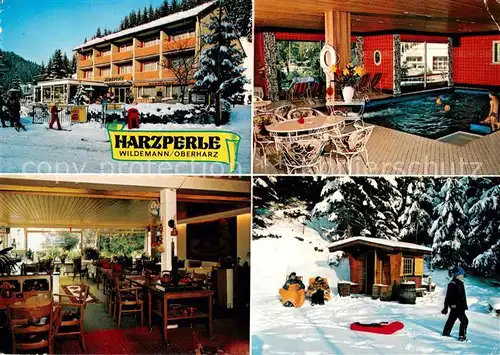 AK / Ansichtskarte Wildemann Hotel Pension Harzperle Hallenbad Gastraum Skipiste Wildemann