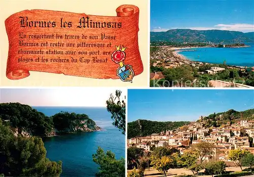 AK / Ansichtskarte Bormes les Mimosas Plage de la Faviere et Port de Bormes Cap Benat la Grande Calanque Le village de Bormes les Mimosas Bormes les Mimosas