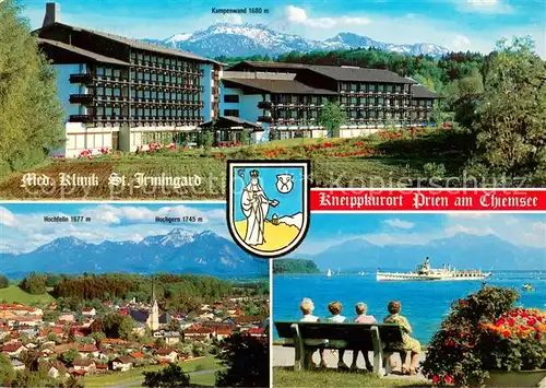 AK / Ansichtskarte Prien_Chiemsee Med Klinik St Irmingard Kampenwand Hochfelln Hochgern Chiemsee Fahrgastschiff Prien Chiemsee