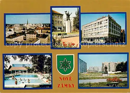 AK / Ansichtskarte Nove_Zamky Pohlad na casi mesta Pomnik osloboditelom Hotel Partizan Kupalisko Sidlisko Nove_Zamky