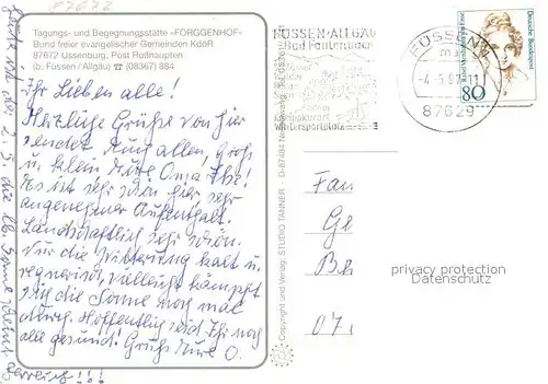 AK / Ansichtskarte Ussenburg Tagungs  und Begegnungsstaette Forggenhof Bergbahn Forggensee Schloss Neuschwanstein Alpen Ussenburg