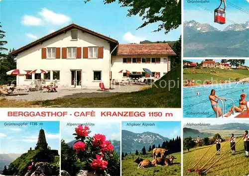 AK / Ansichtskarte Kranzegg Berggasthof Cafe Bergbahn Freibad Alphornblaeser Alpvieh Alpenrosen Gruentengipfel Allgaeuer Alpen Kranzegg