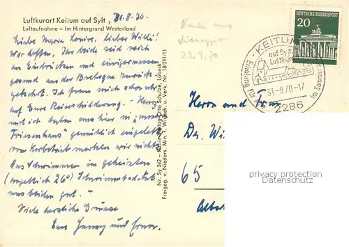 AK / Ansichtskarte Keitum_Sylt Luftkurort mit Westerland im Hintergrund Fliegeraufnahme Keitum Sylt