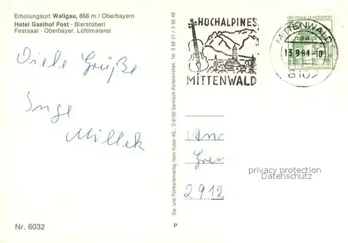 AK / Ansichtskarte Wallgau Gasthof Post Restaurant Festsaal Oberbayerische Lueftlmalerei Wallgau