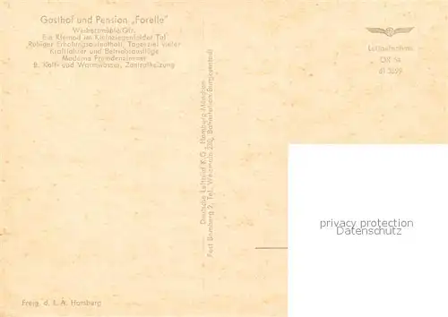 AK / Ansichtskarte Weihersmuehle_Weismain Gasthof Pension Forelle Kleinziegenfelder Tal Fliegeraufnahme Weihersmuehle_Weismain